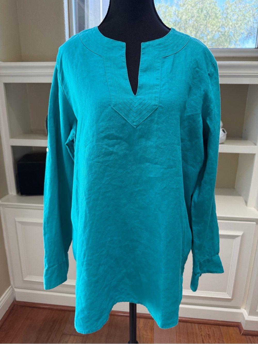 Ralph Lauren 100% Linen Teal Shirt LG Long Sleeve Notch-Neck Tunic